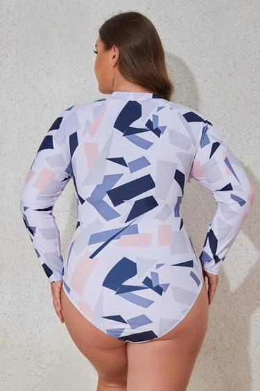 Plus Size Irregular Geometric White Print Long Sleeve Swimsuit